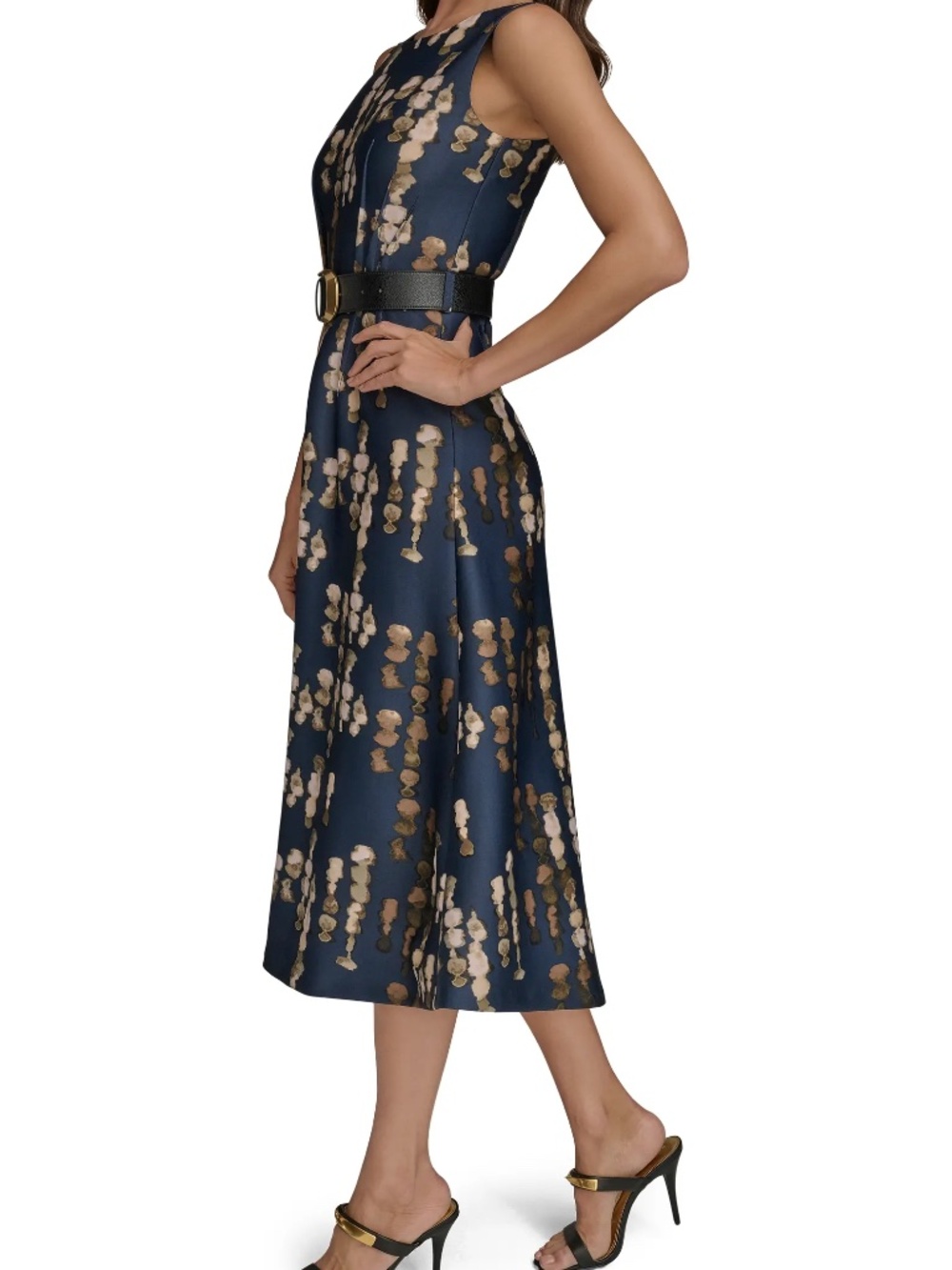 Donna Karen Navy & Abstract Polka Dotted Dress with belt